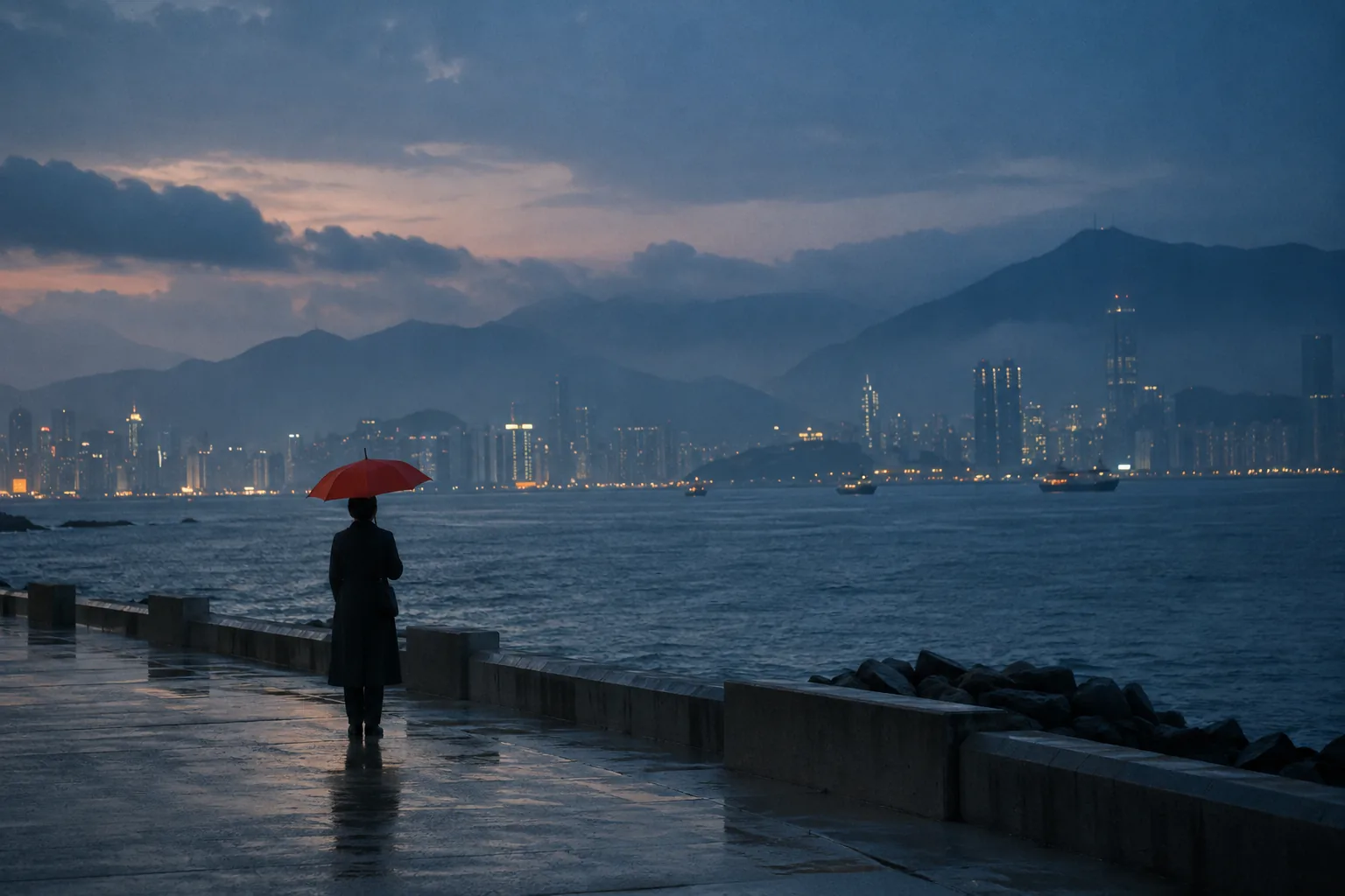 蓝灰色海岸与一把红伞